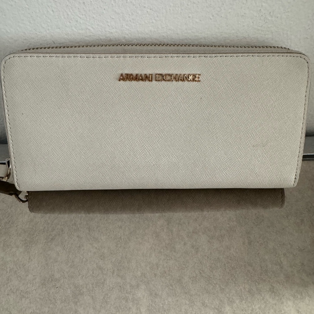 Armani Exchange Cream Leather Wallet with Zip-Around Closure